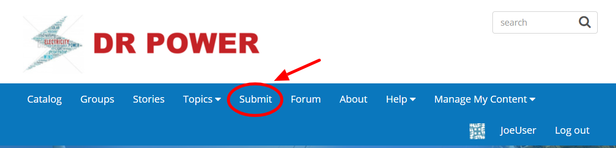 DR POWER navigation with the Submit link circled in red.