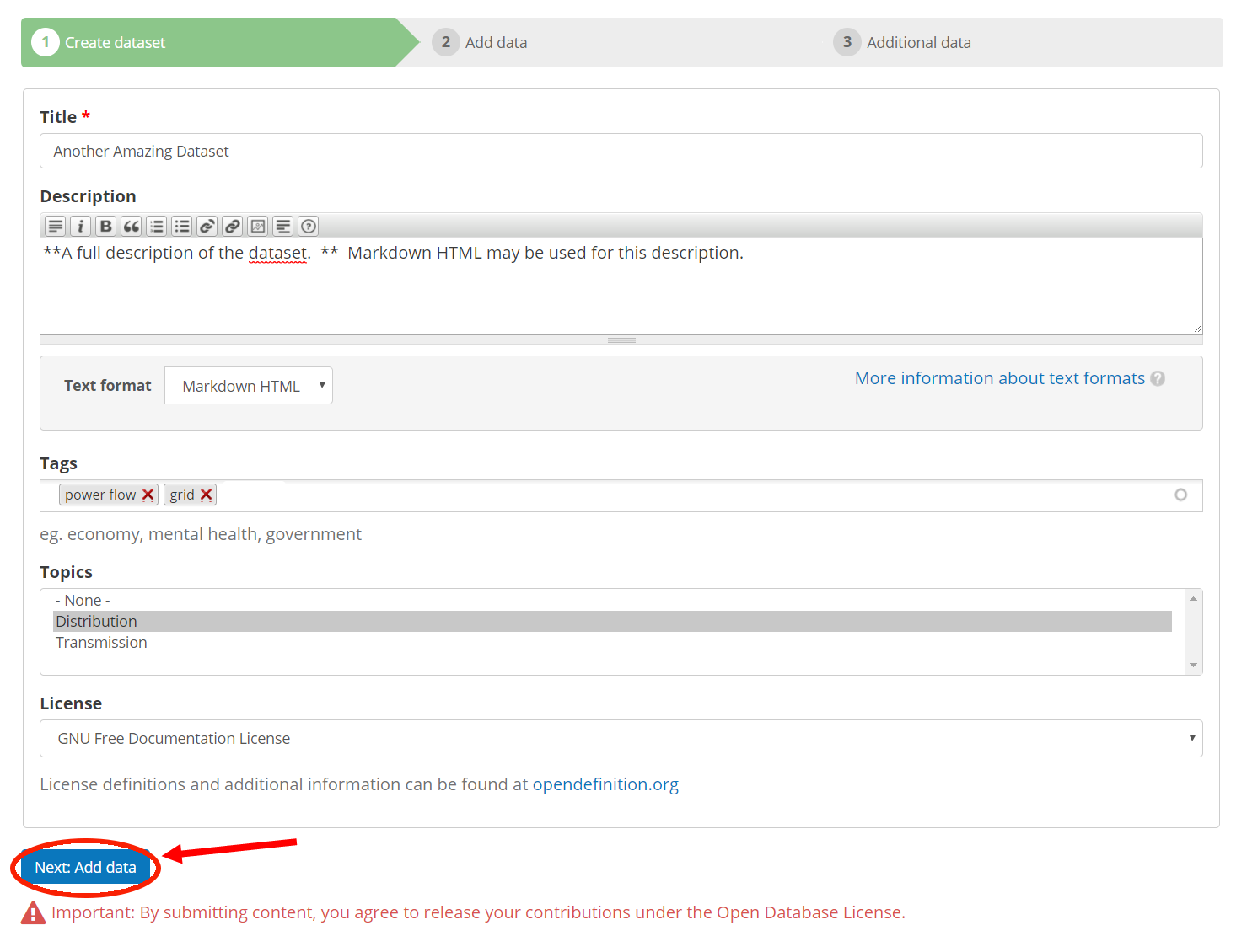screen capture of the Create Dataset page with the "Next: Add data" button circled in red and highlighted by a red arrow