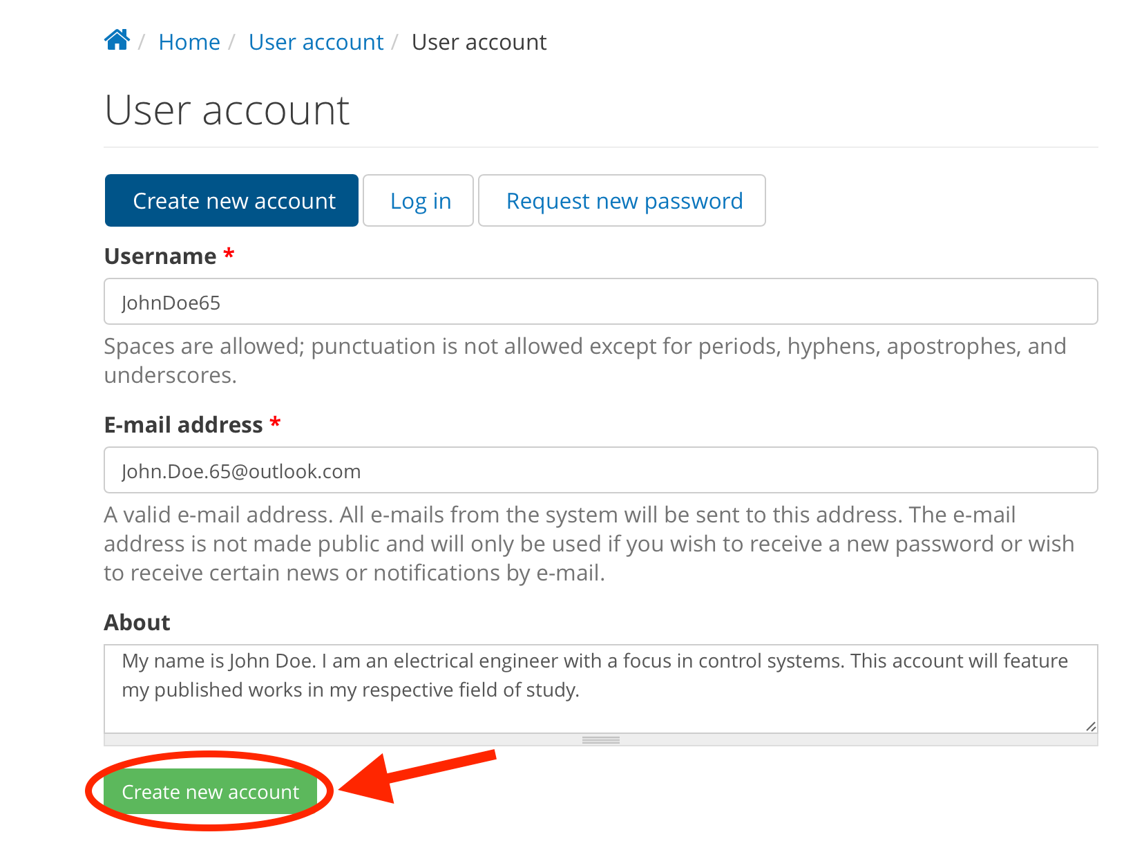 Screen capture of User Account creation page